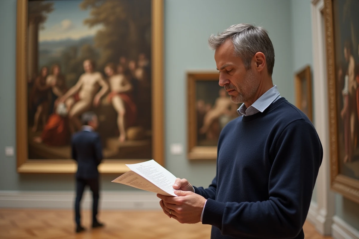 Homme consultant une liste de peintres célèbres devant des tableaux dans un musée d'art