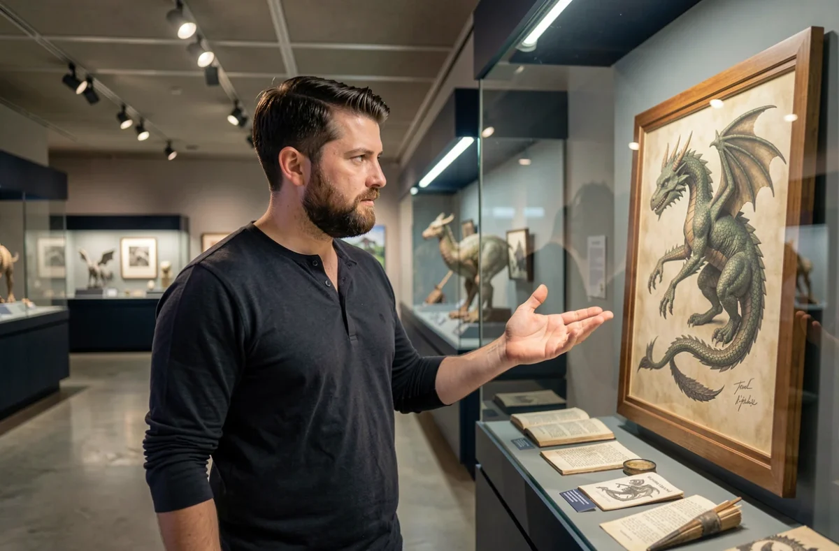 Homme analysant des illustrations de dragons dans une vitrine de musée consacrée à la mythologie fantastique