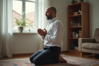Homme musulman en prière sur un tapis dans un salon calme