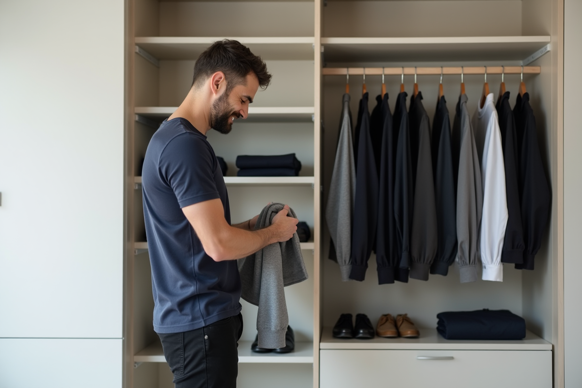 Homme organisant un dressing minimaliste dans un appartement moderne