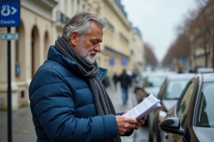 Homme lisant une affiche sur restrictions diesel à Paris