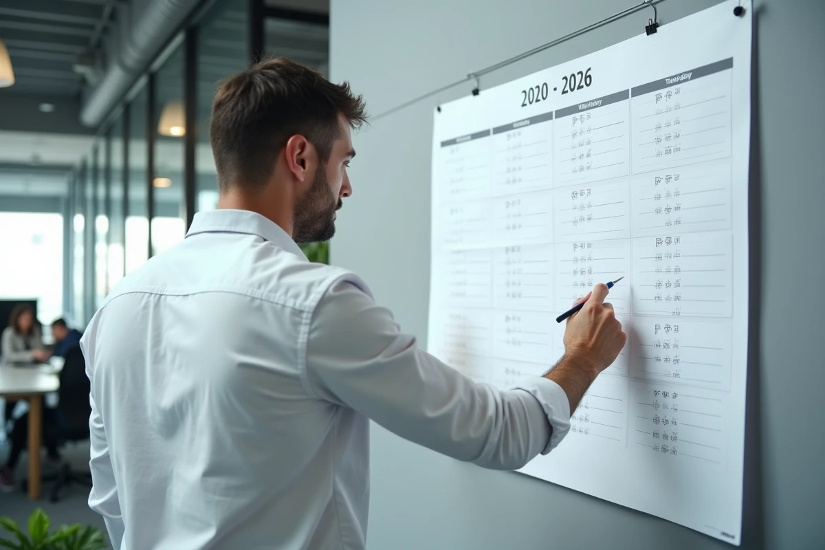Homme en entreprise consultant un planning annuel 2026 avec numéros de semaines détaillés affiché au mur