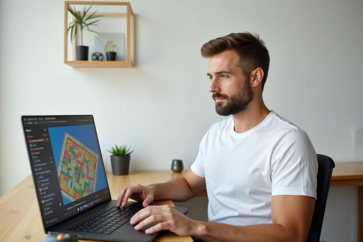 Homme recherchant des liens de dés gratuits Monopoly GO sur ordinateur portable dans un bureau à domicile