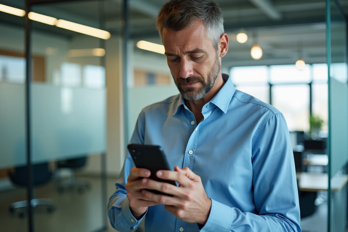 Homme d age moyen utilisant son smartphone dans un espace de pause