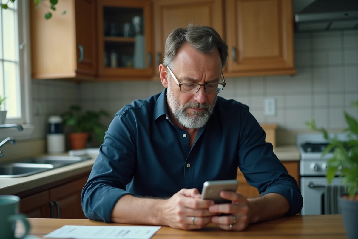 Homme examinant son smartphone à la cuisine