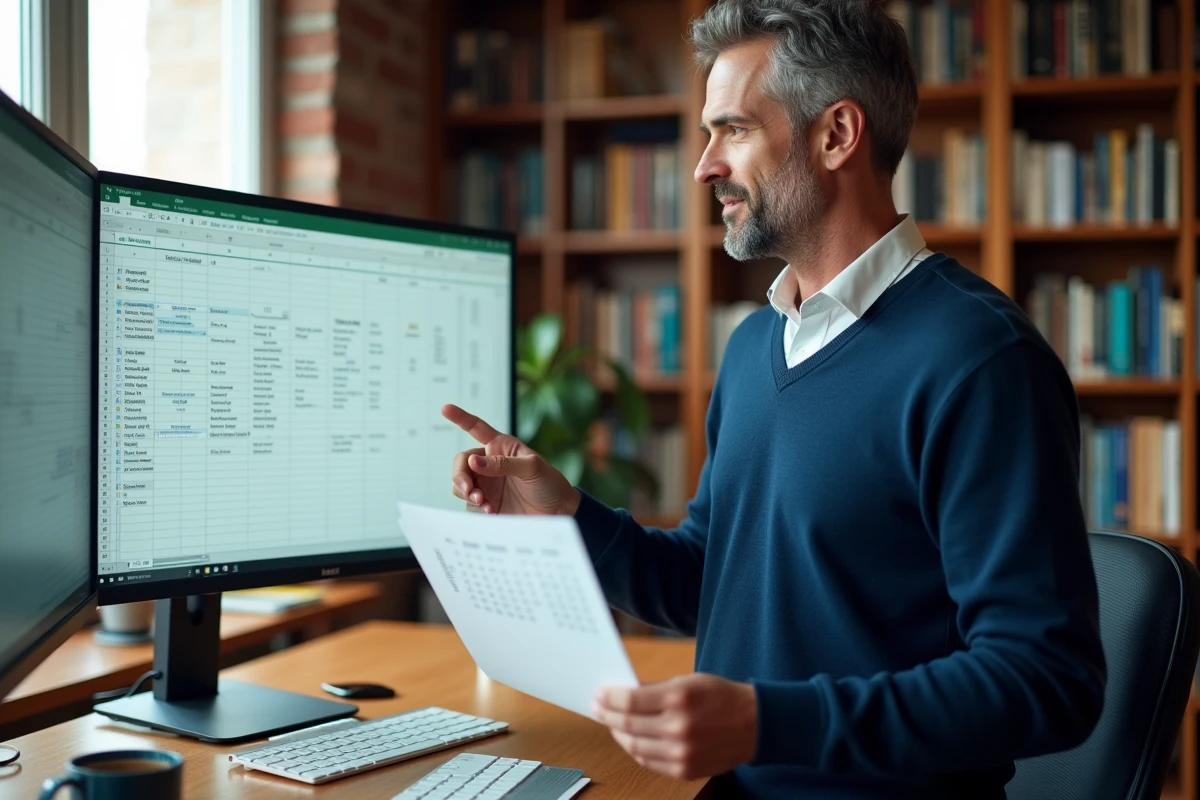 Homme debout à son bureau consultant un planning annuel 2026 en Excel avec numéros de semaines paires