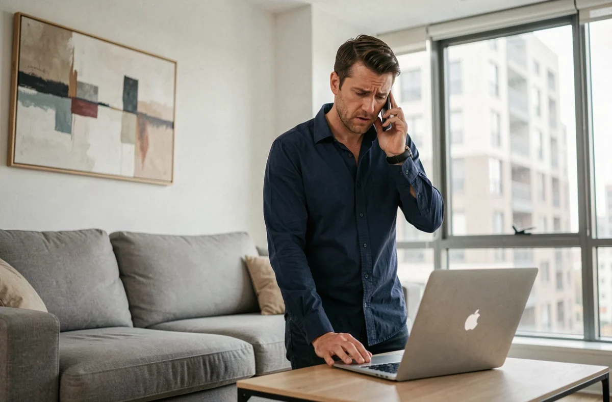 Homme consultant son ordinateur portable et téléphonant au service client pour suivre une commande Sosh