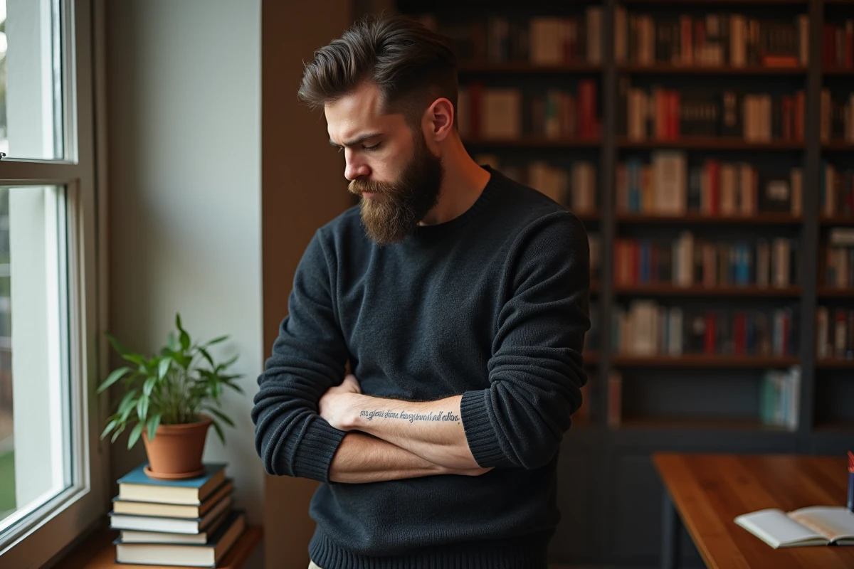 Homme avec tatouage de reve dans une bibliothèque chaleureuse