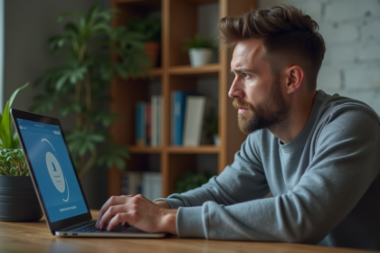 Homme concentré utilisant un ordinateur avec VPN à la maison