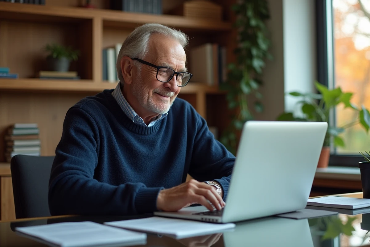Homme âgé souriant après avoir résolu un puzzle de mots