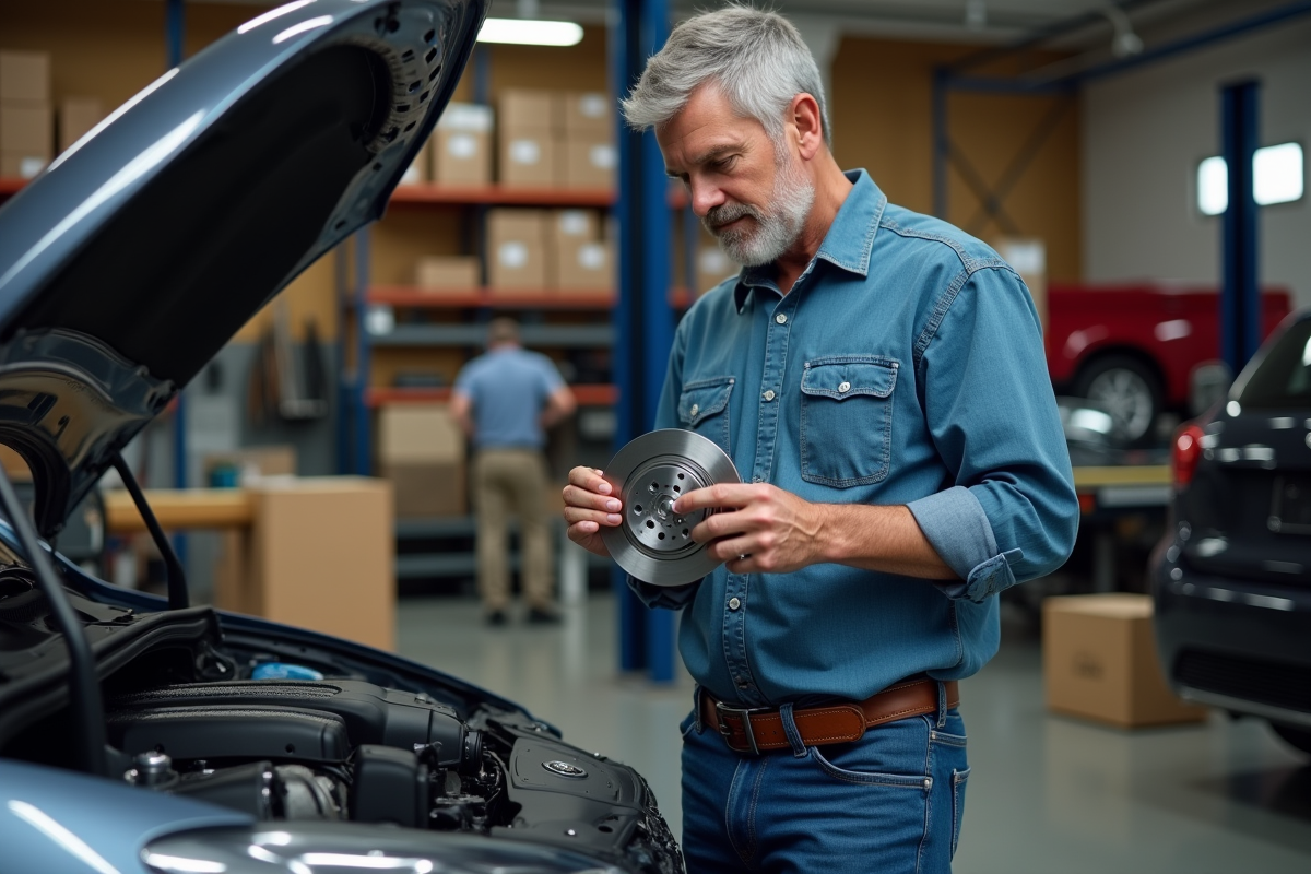 Homme inspectant un disque de frein après marché dans un garage