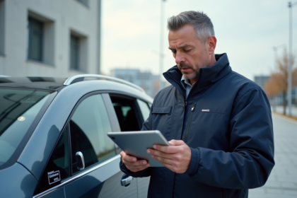 Ingénieur automobile inspectant une voiture électrique moderne avec badge Euro 7