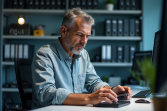 Ingénieur data homme inspectant un disque dur en bureau