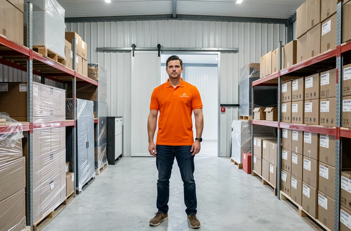 Employé d'Izeebox dans un box de self-stockage bien organisé à Bignan, Morbihan
