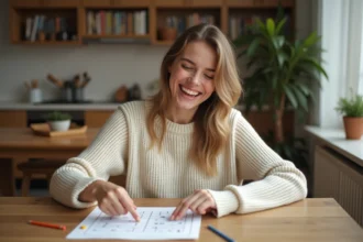 Femme jouant au jeu du pendu avec des mots compliqués écrits sur une feuille de papier