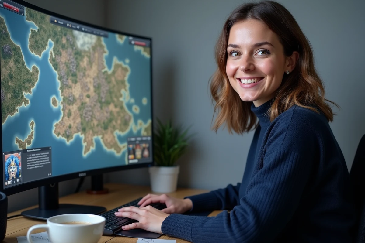 Femme jouant à un jeu de stratégie militaire sur ordinateur dans un bureau à domicile moderne