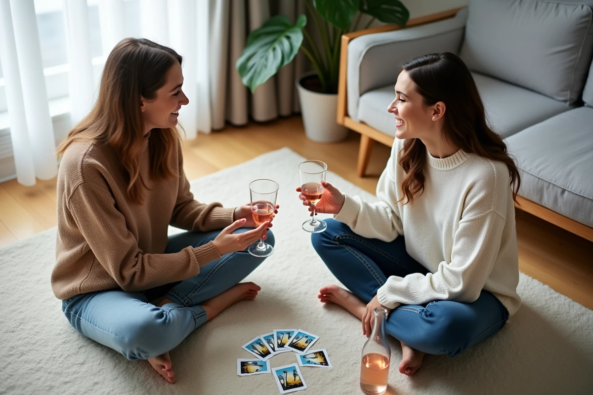 Deux femmes jouant au jeu de cartes règles palmiers sur un tapis de salon avec un verre de rosé
