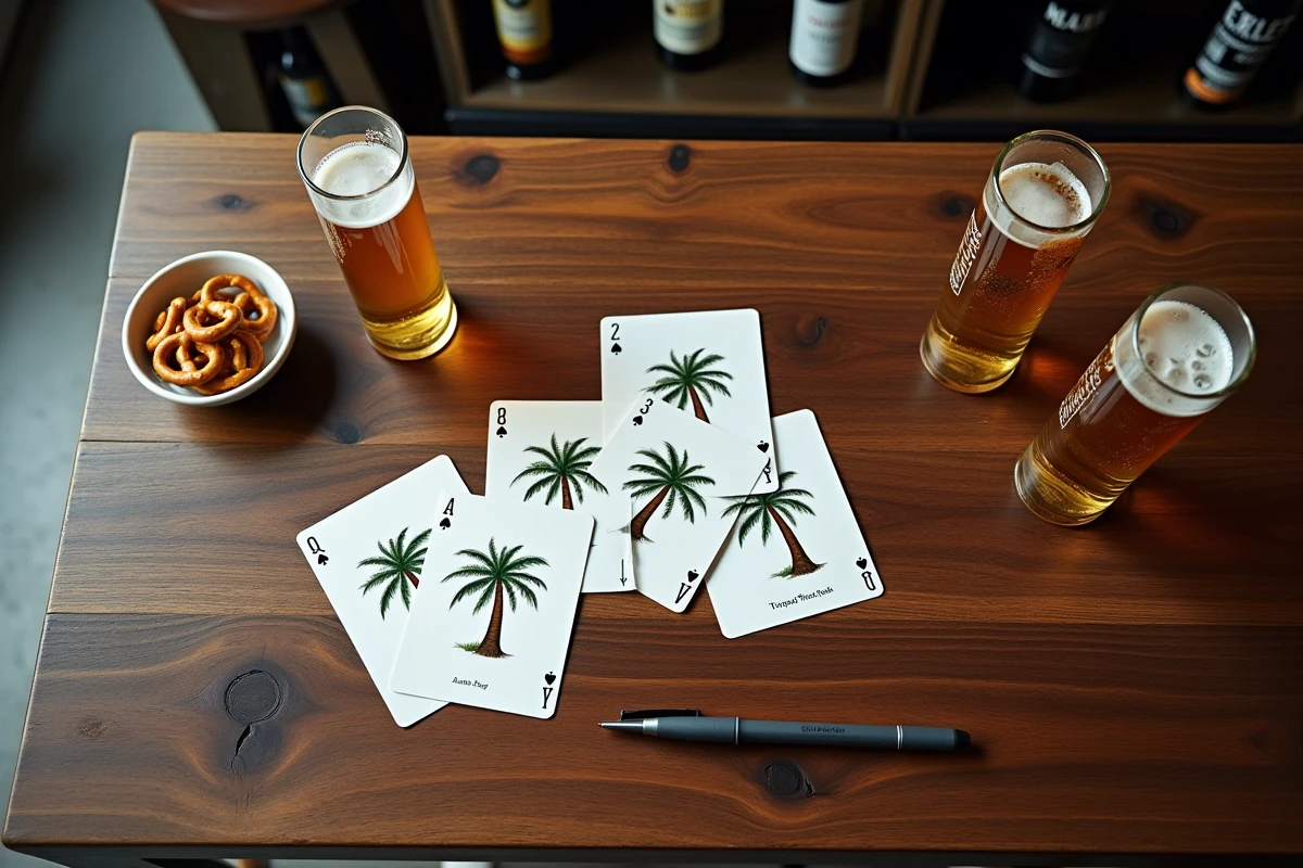 Vue de dessus d'une table avec cartes du jeu règles palmiers, bières artisanales et carnet de score