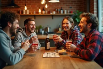 Groupe d'amis jouant au jeu des règles palmiers autour d'une table en bois avec des verres et des cartes de jeu