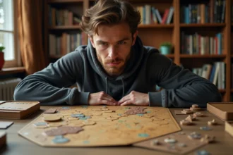 Jeune homme jouant à un jeu de stratégie de guerre sur plateau avec carte hexagonale dans un salon chaleureux