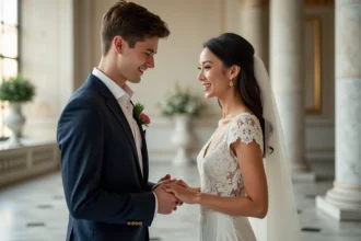 Jeune couple échangeant des vœux dans une mairie lumineuse