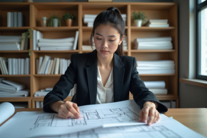 Jeune femme architecte examinant des plans dans un bureau moderne