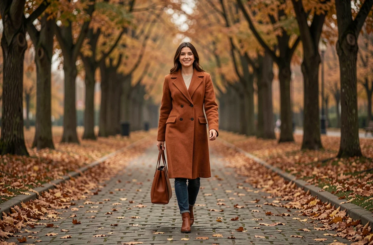 Jeune femme marchant avec assurance sur un chemin pavé en automne, illustration des citations et dictons sur la confiance en soi