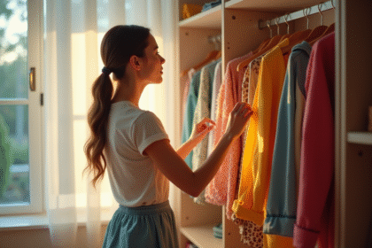Jeune femme choisissant une tenue dans son vestiaire lumineux