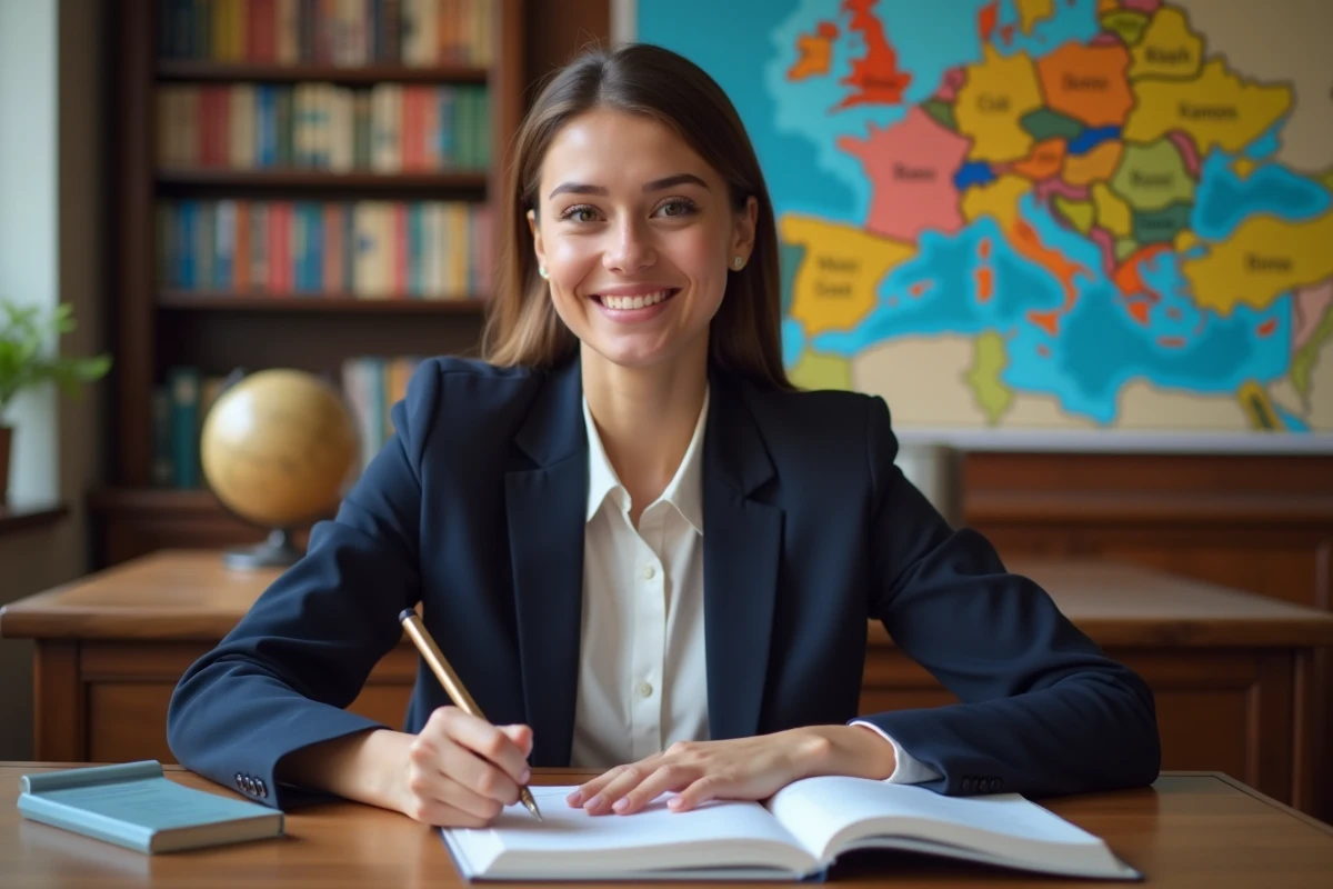 Jeune femme en blazer bleu et blouse blanche en étude