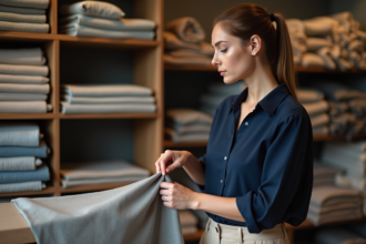 Jeune femme dans une boutique de tissus examine un textile