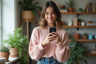 Jeune femme souriante en intérieur cosy avec plantes