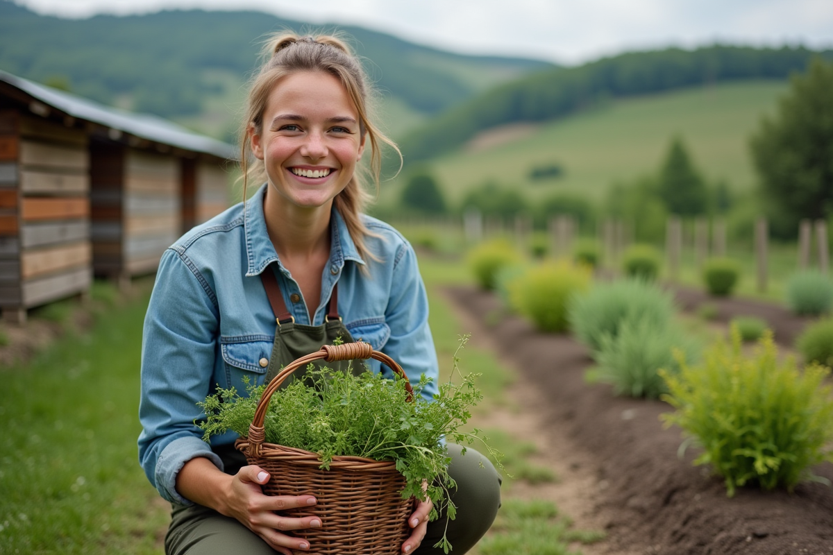 Jeune femme souriante tenant un panier d
