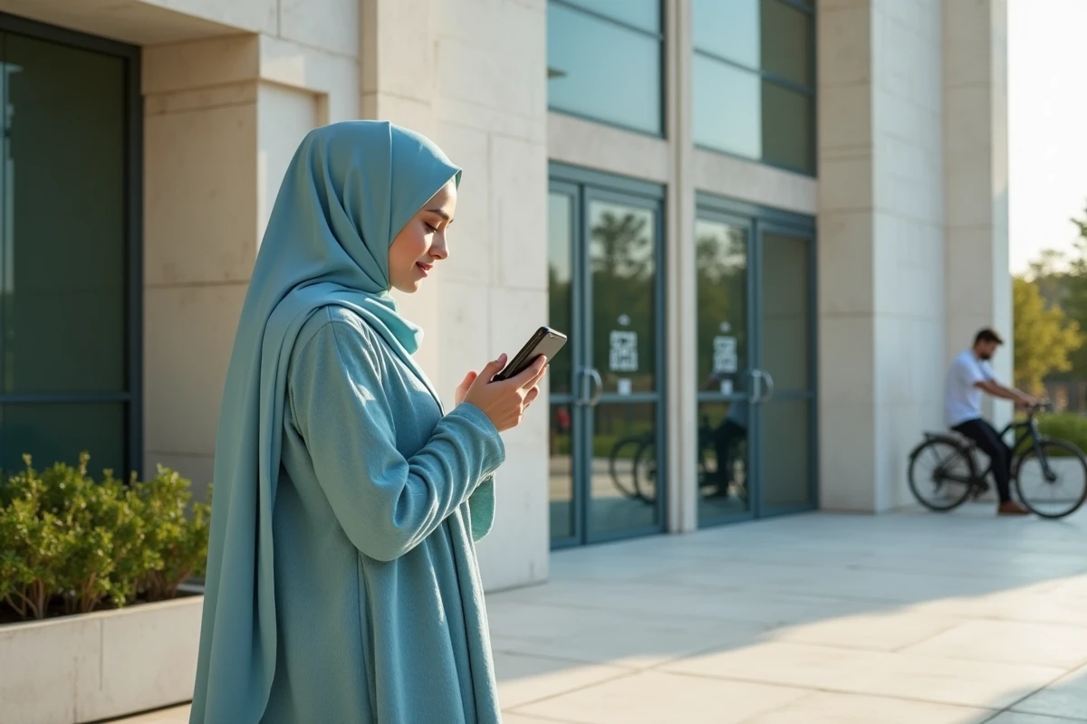 Jeune femme musulmane consulte une application de prière dans une mosquee