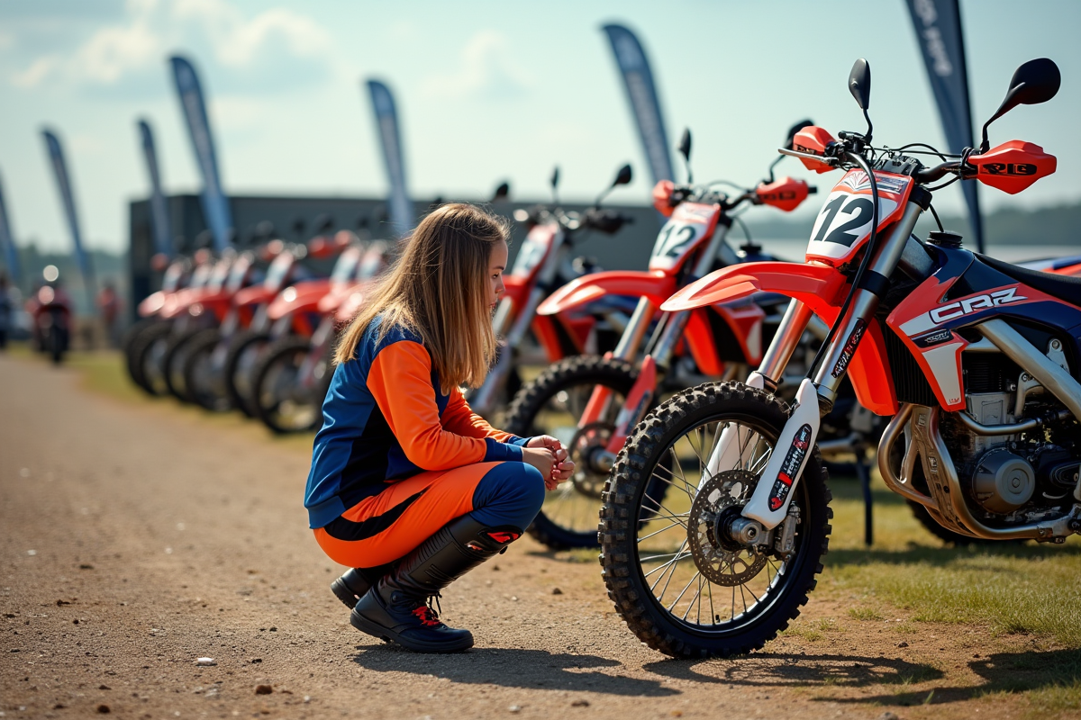 Fille motocross examine une moto dans un paddock en plein air
