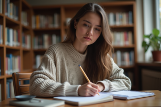 Jeune femme écrivant des notes dans une bibliothèque chaleureuse
