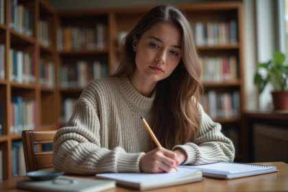 Jeune femme écrivant des notes dans une bibliothèque chaleureuse