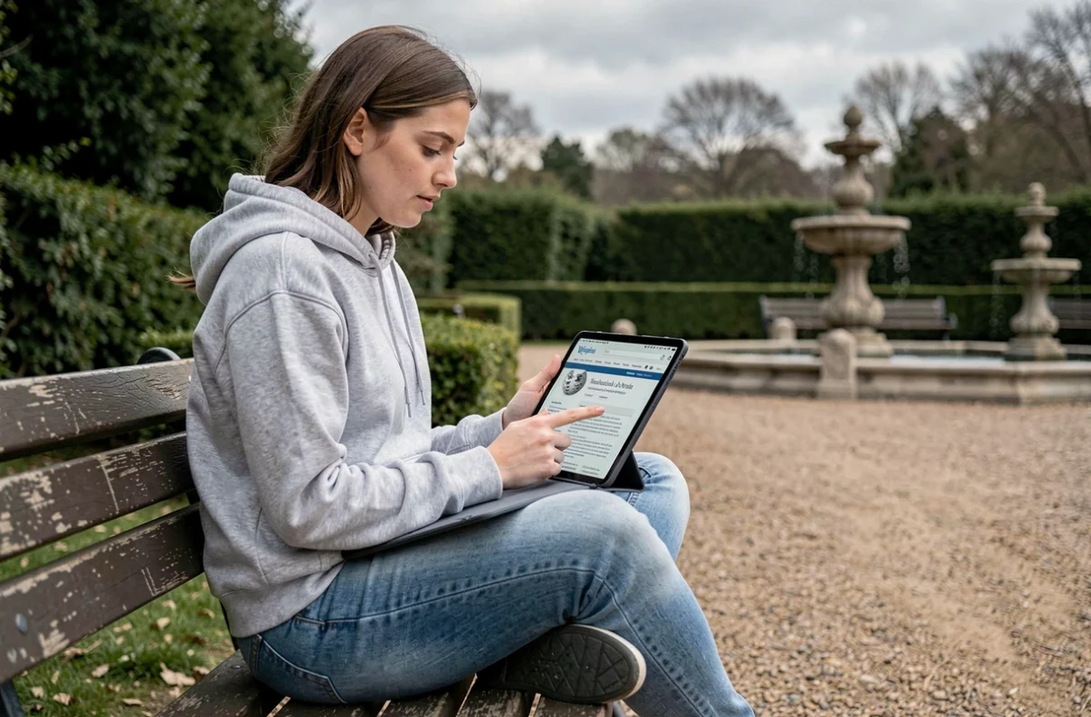 Jeune femme dans un parc urbain lisant une biographie Wikipédia sur tablette, cherchant les origines d'une personnalité