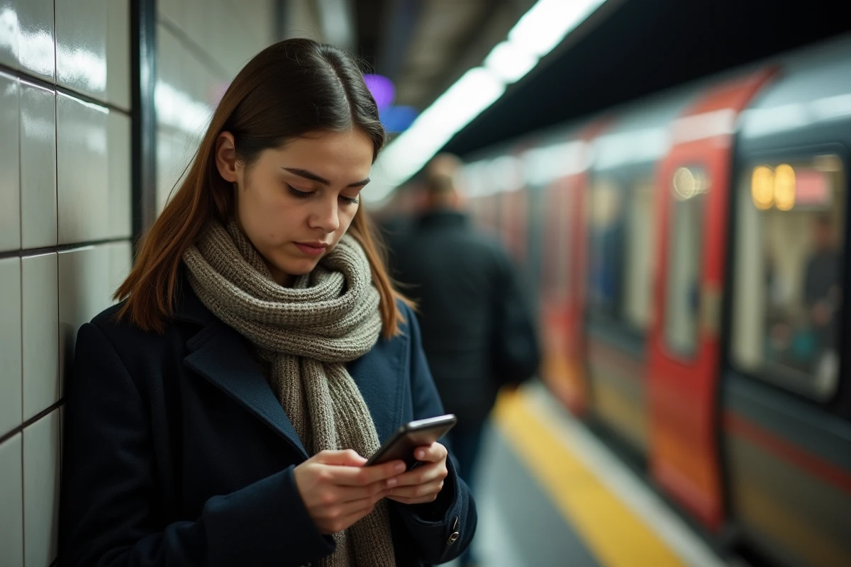Jeune femme dans le métro parisien vérifiant son itinéraire