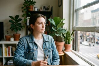 Jeune femme en denim et t-shirt blanc contemplant sa vape