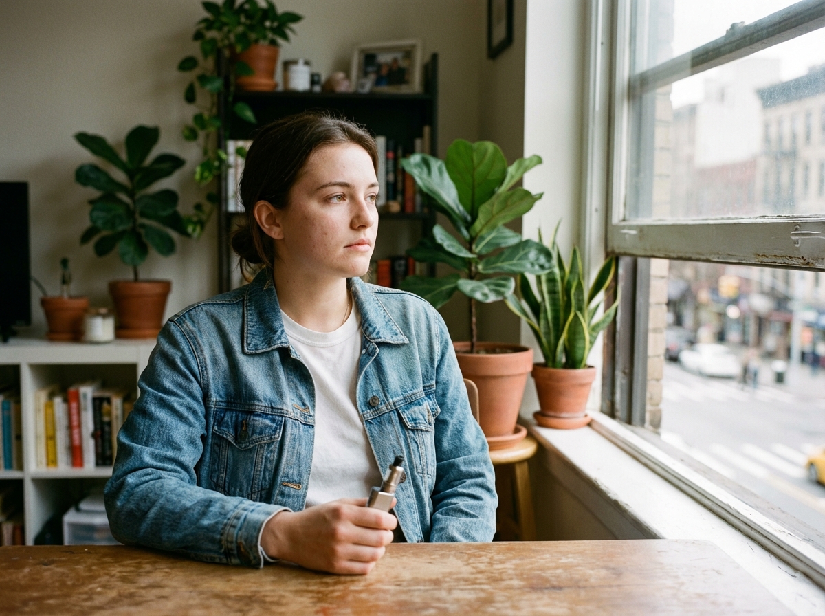 Jeune femme en denim et t-shirt blanc contemplant sa vape