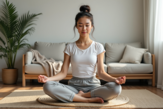 Jeune femme en lotus yoga dans un salon calme