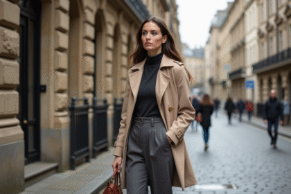 Jeune femme en trench beige dans une rue historique