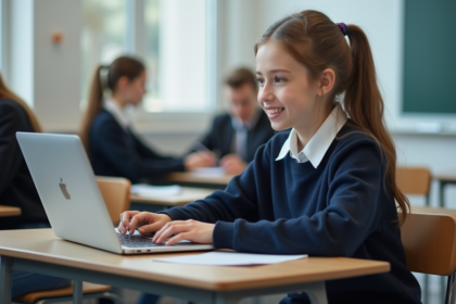 Jeune fille de 16 ans utilisant un ordinateur portable en classe