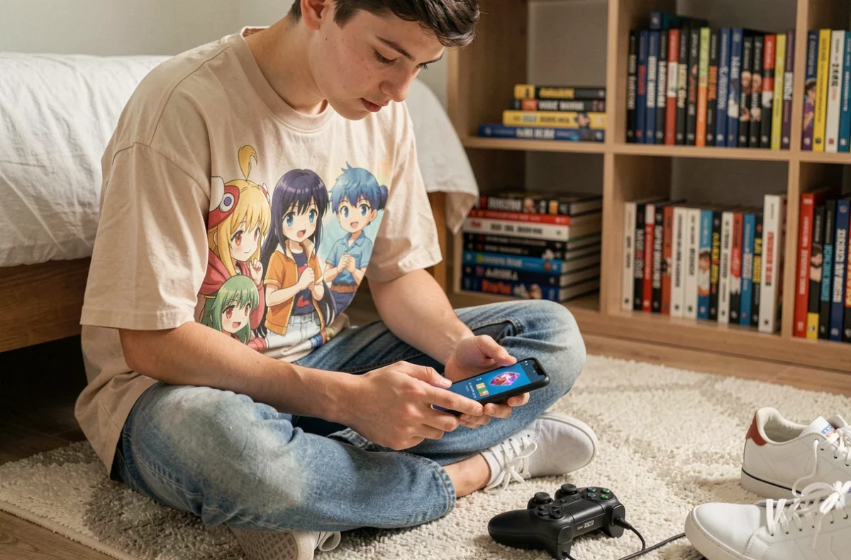 Jeune gamer entrant un code de récompense sur Anime Adventures Roblox depuis un smartphone posé sur le sol de sa chambre