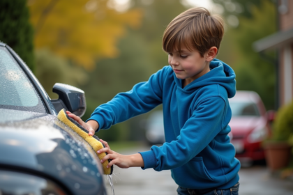 Garçon de 12 ans lavant une voiture avec concentration