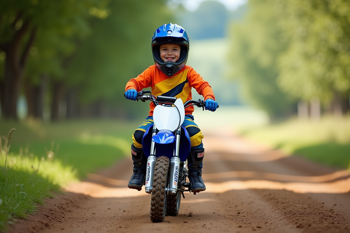 Jeune garçon de 6 ans sur une moto Yamaha PW50 en pleine nature