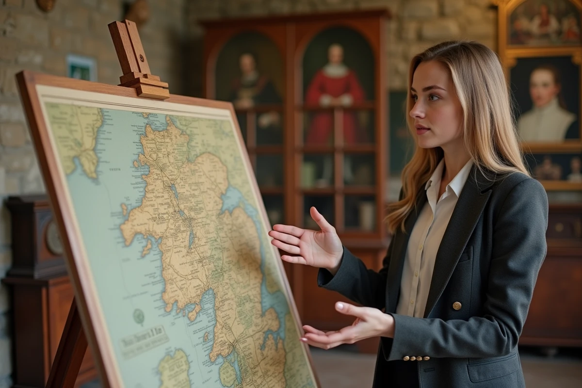Jeune femme historienne expliquant une carte de Tudor