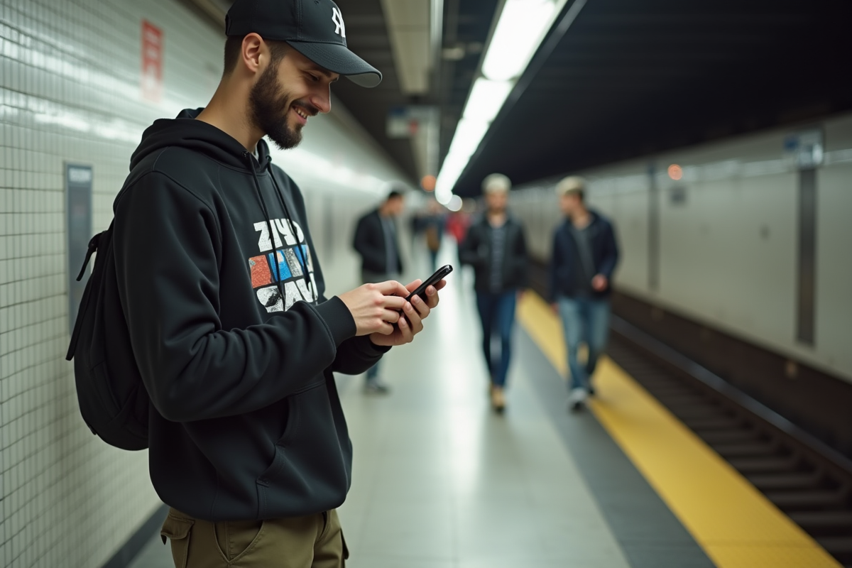 Jeune homme en streetwear attendant au metro