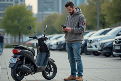 Jeune homme compare prix moto avec smartphone en ville
