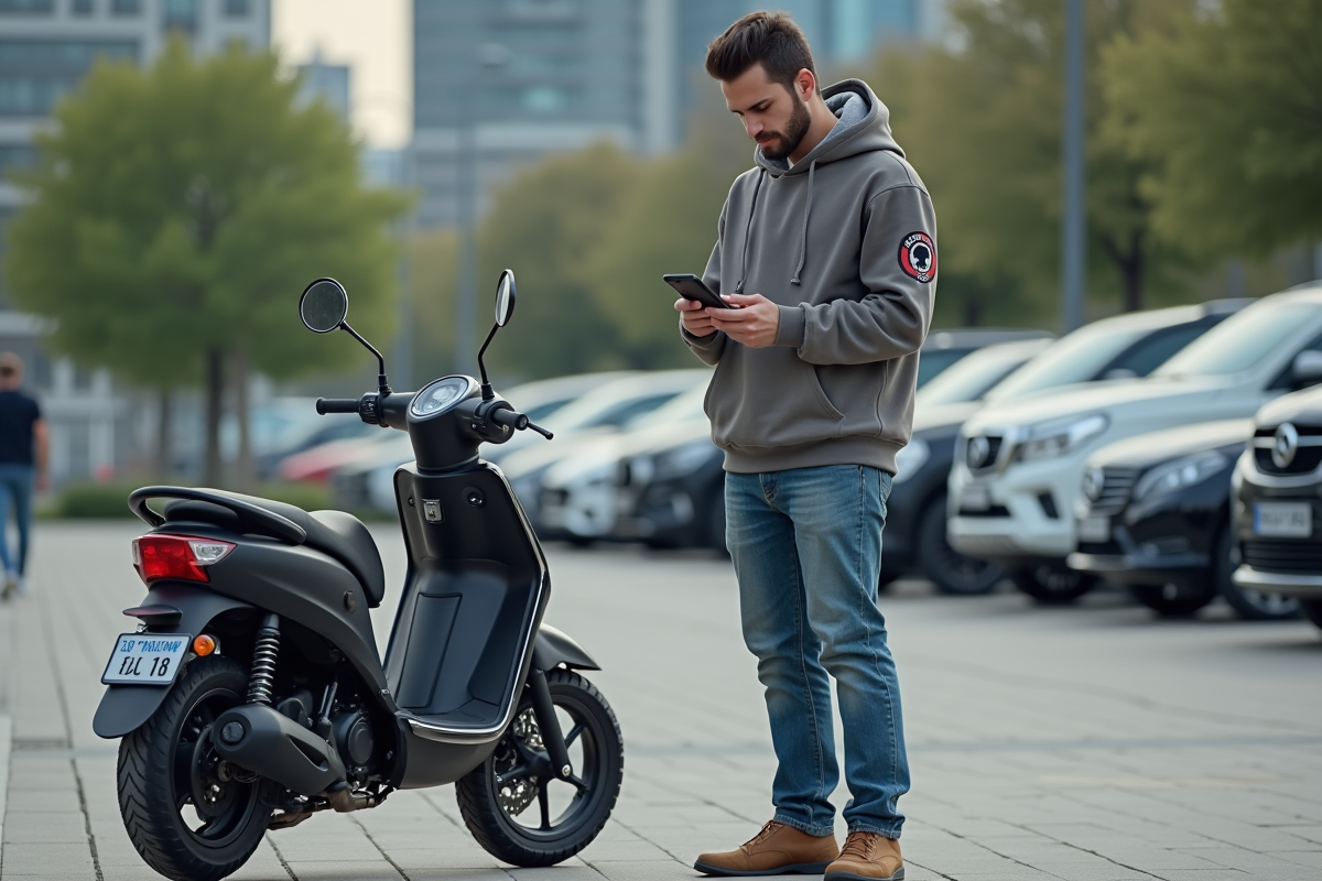 Jeune homme compare prix moto avec smartphone en ville